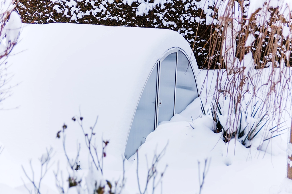 Växthus begravd i snö